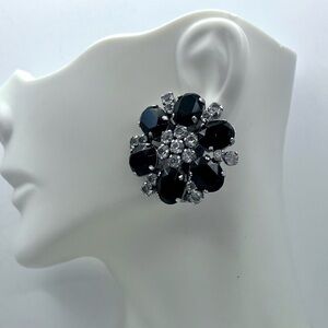 Vintage AUSTRIA Black & Clear Crystal Floral Statement Clip-On Earrings